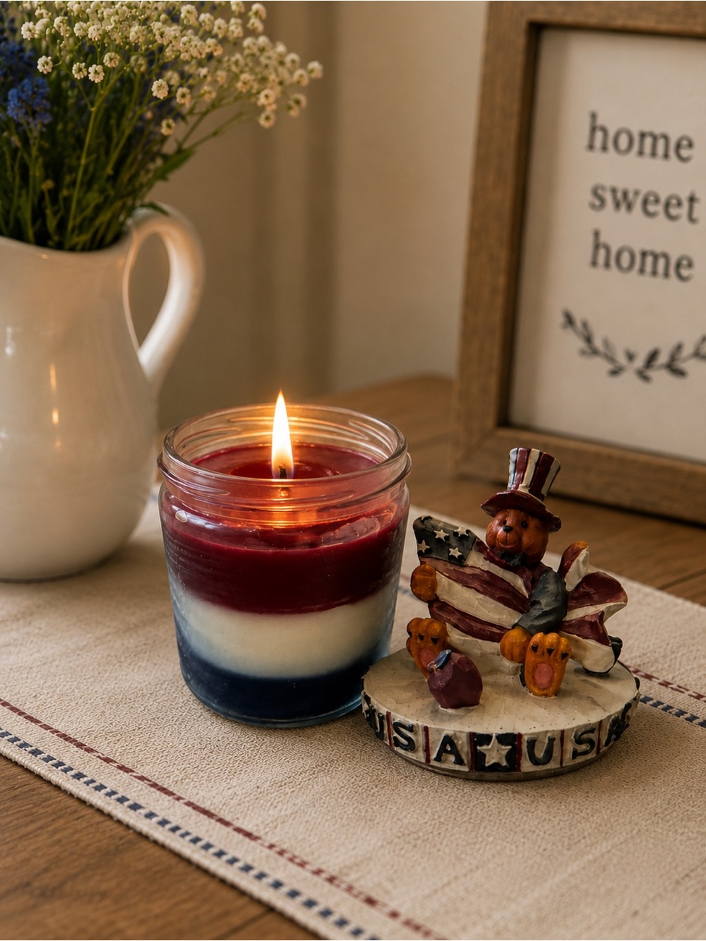 NWT USA Patriotic Bear Candle - Red White Blue Uncle Sam Topper American250